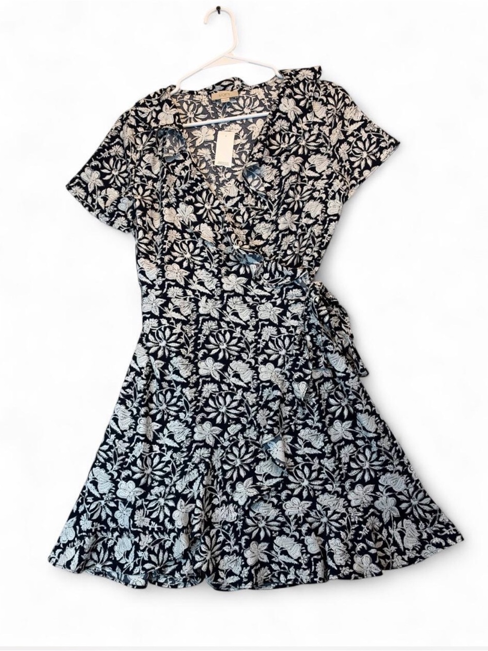 LOFT Black and White Floral Wrap Mini Dress